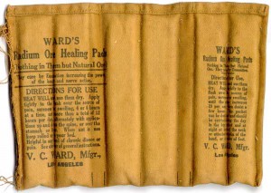 Powdered uranium ore in cloth bag for pain relief (1930).